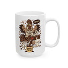 White ceramic mug featuring a cartoon rooster wearing an apron and pouring coffee.