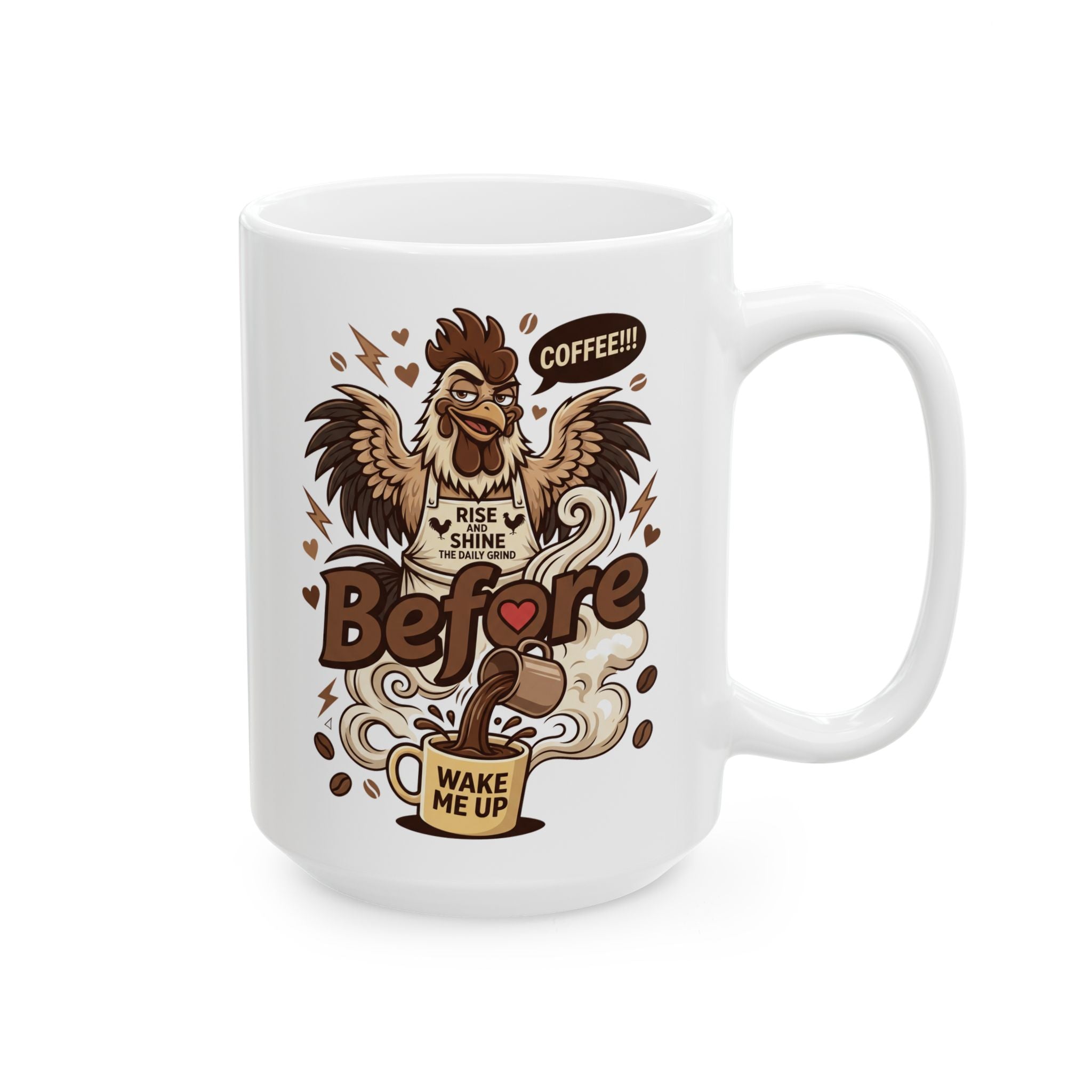 White ceramic mug featuring a cartoon rooster wearing an apron and pouring coffee.