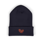 Embroidered coffee bean cuffed beanie in dark blue.