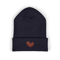 Embroidered coffee bean cuffed beanie in dark blue.