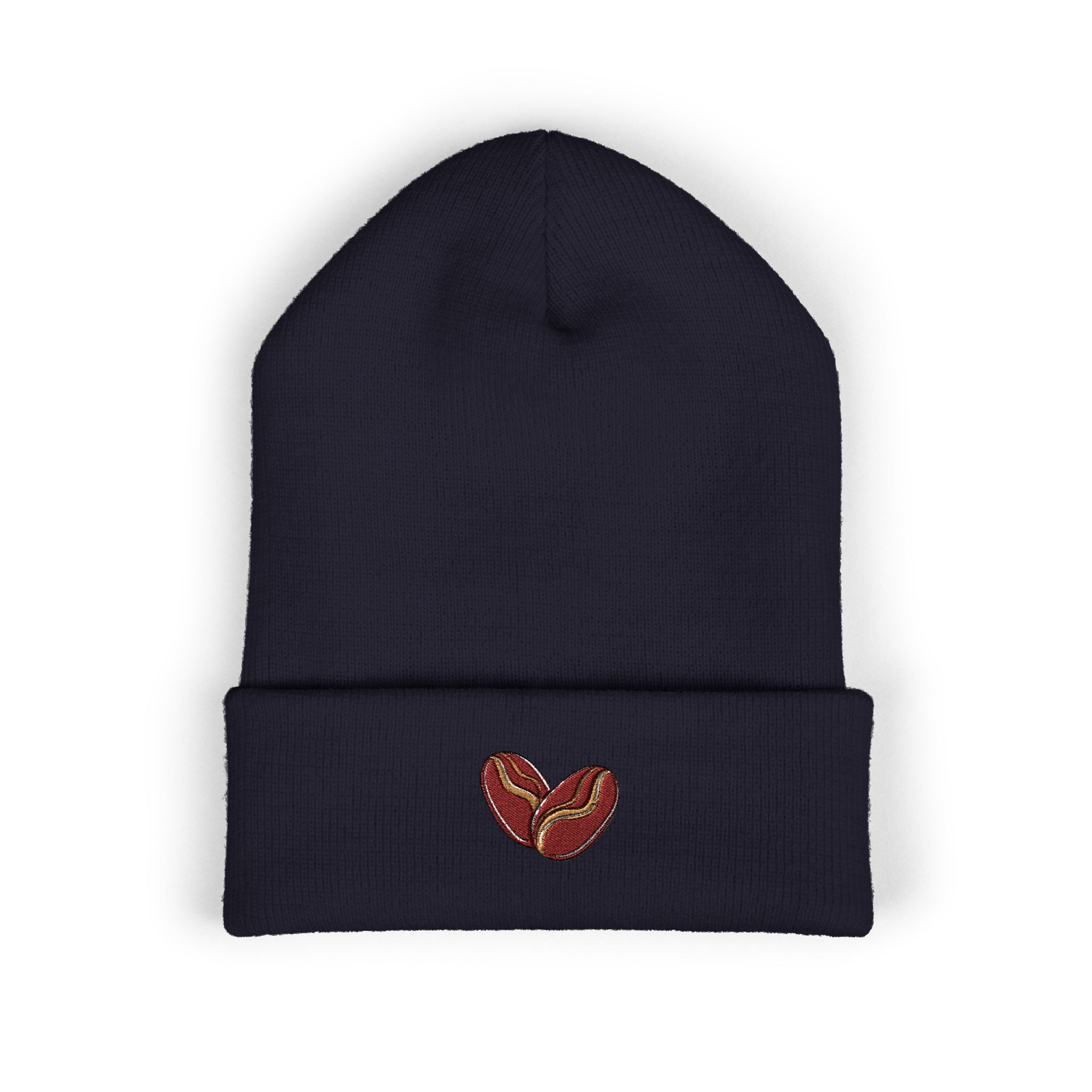 Embroidered coffee bean cuffed beanie in dark blue.