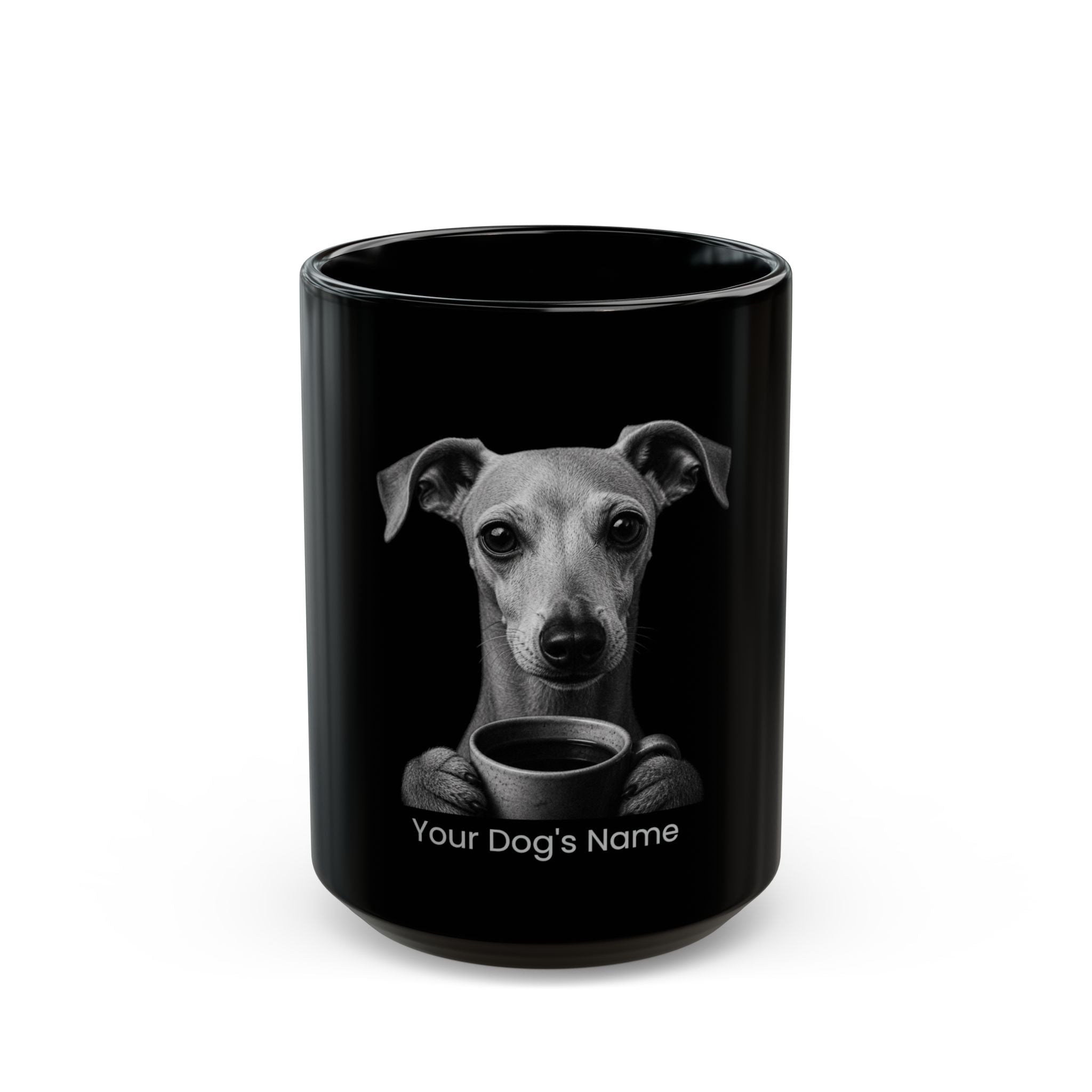Personalized Italian Greyhound black ceramic coffee mug with custom dog name