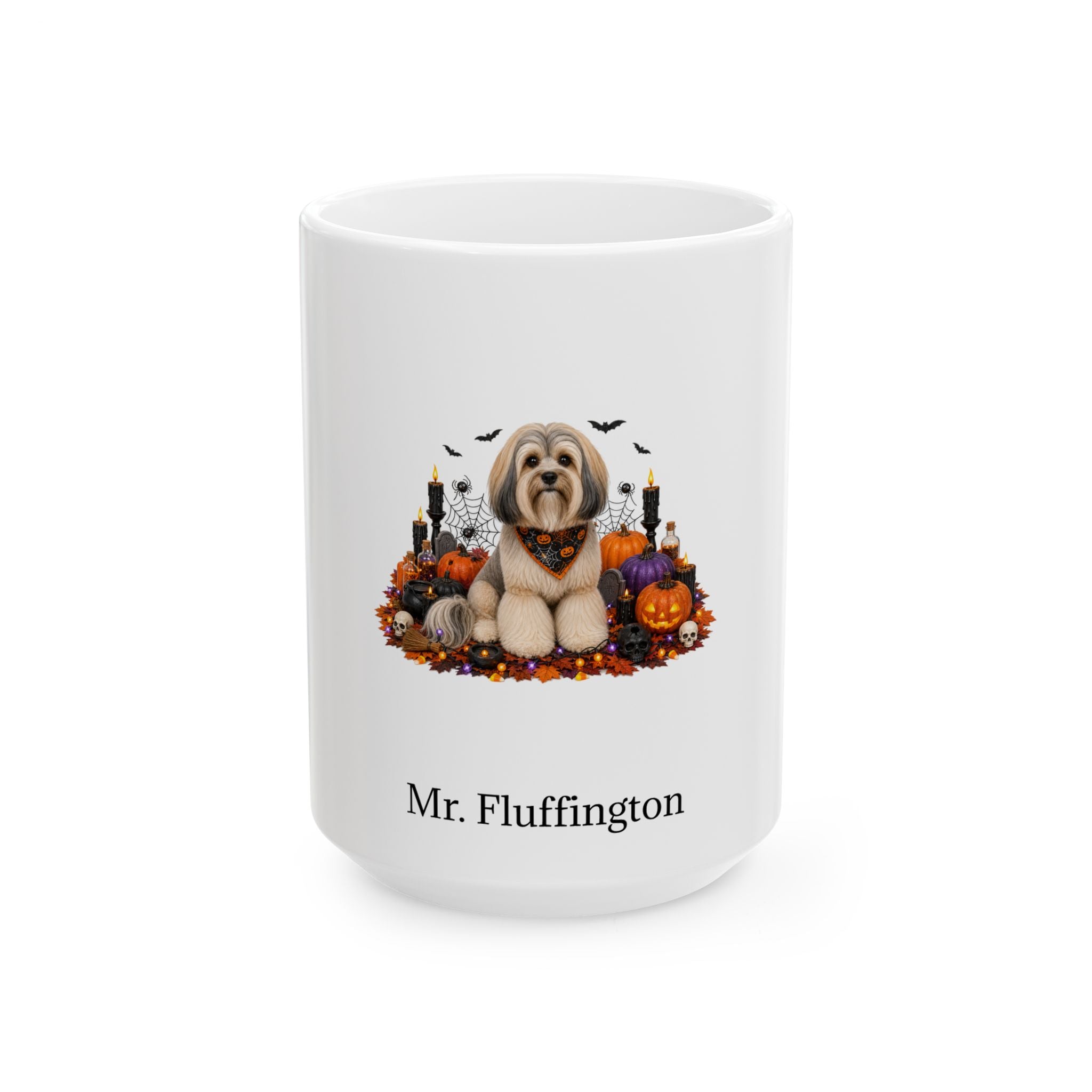 Personalized Lowchen dog Halloween mug, 15oz white ceramic, with custom pet name on front