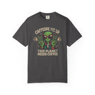 Dark grey unisex t-shirt with a distressed graphic of an alien wearing sunglasses and peace signs.