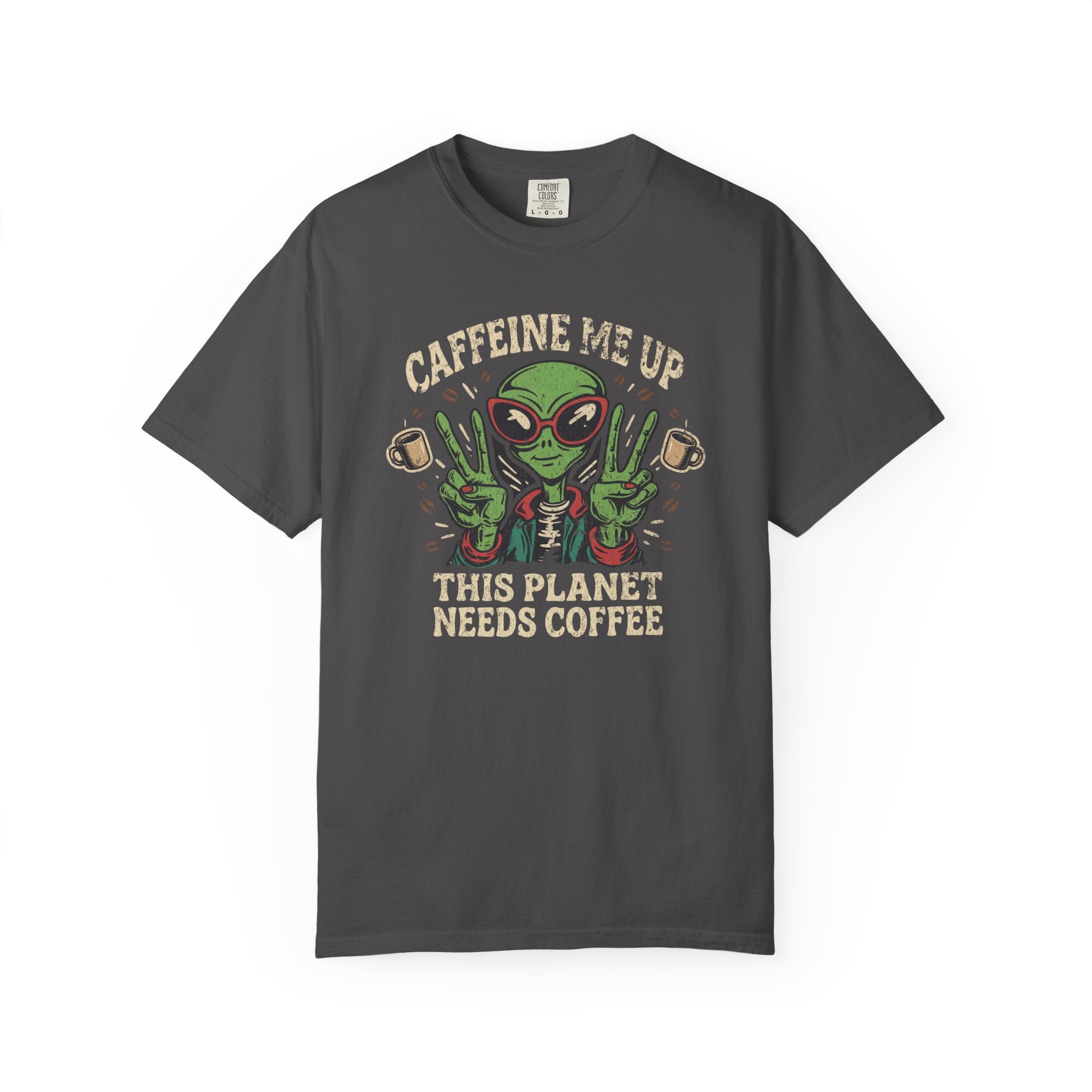 Dark grey unisex t-shirt with a distressed graphic of an alien wearing sunglasses and peace signs.