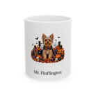 Personalized Yorkshire Terrier dog Halloween mug, 11oz white ceramic, with custom pet name on front