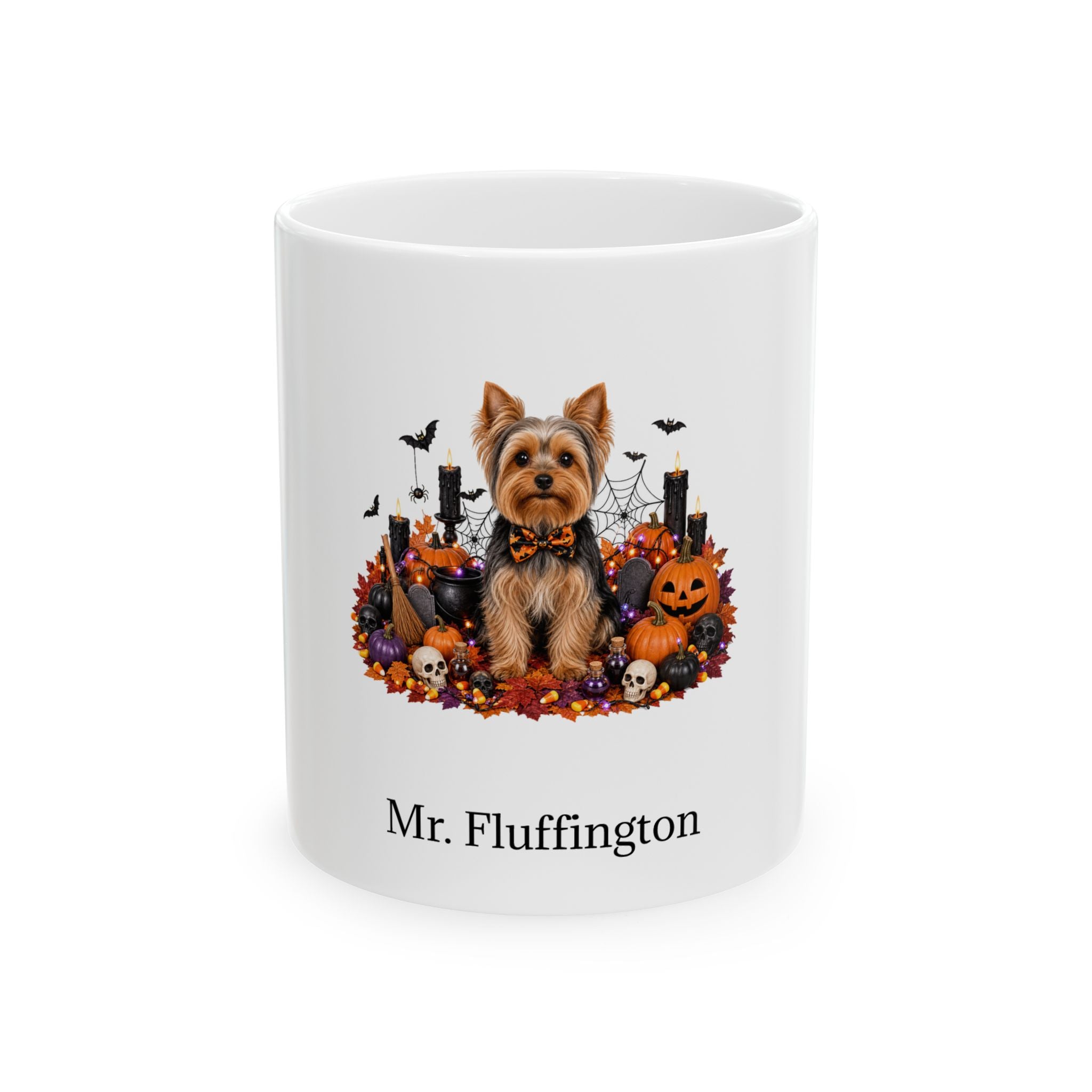 Personalized Yorkshire Terrier dog Halloween mug, 11oz white ceramic, with custom pet name on front