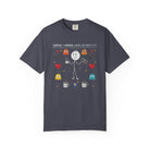 Dark grey t-shirt featuring a stick figure holding a coffee mug and game controller with pixel art.