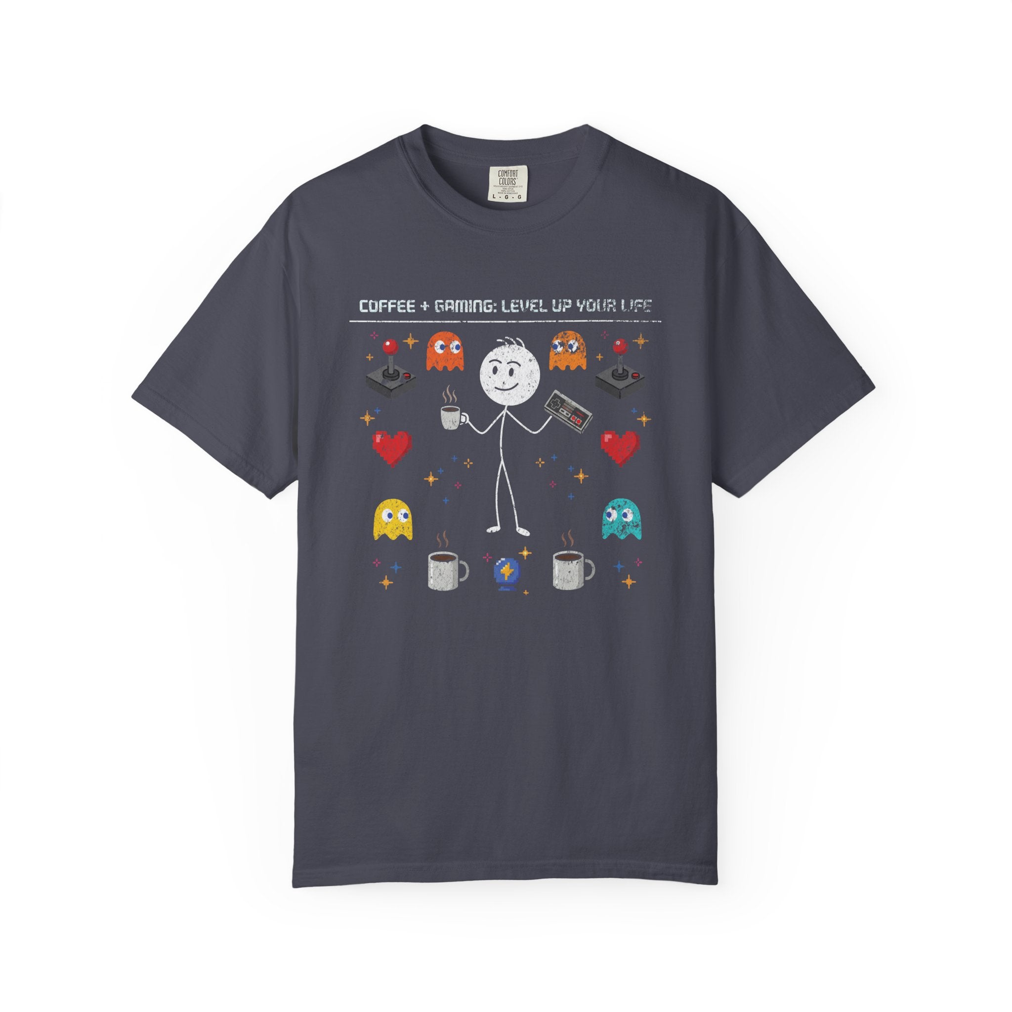 Dark grey t-shirt featuring a stick figure holding a coffee mug and game controller with pixel art.