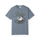 Blue unisex t-shirt featuring a graphic of a frog wearing sunglasses and relaxing on a lily pad.