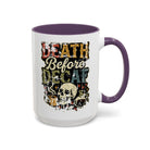 White ceramic coffee mug with a purple handle and a retro Death Before Decaf skull graphic.