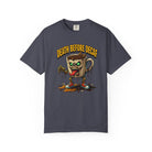 Dark grey t-shirt featuring a zombie coffee mug graphic with the text Death Before Decaf.