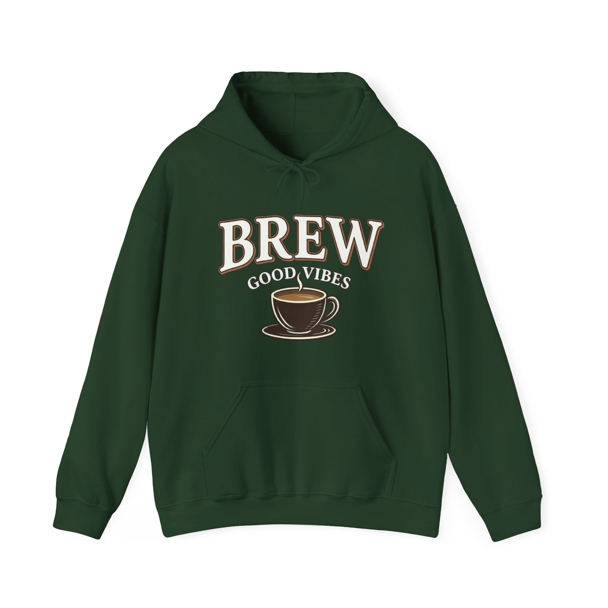 A dark green hoodie with "BREW GOOD VIBES" and a coffee cup graphic.