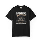 Black unisex t-shirt featuring a skeleton graphic drinking coffee with Surviving Fatherhood text.