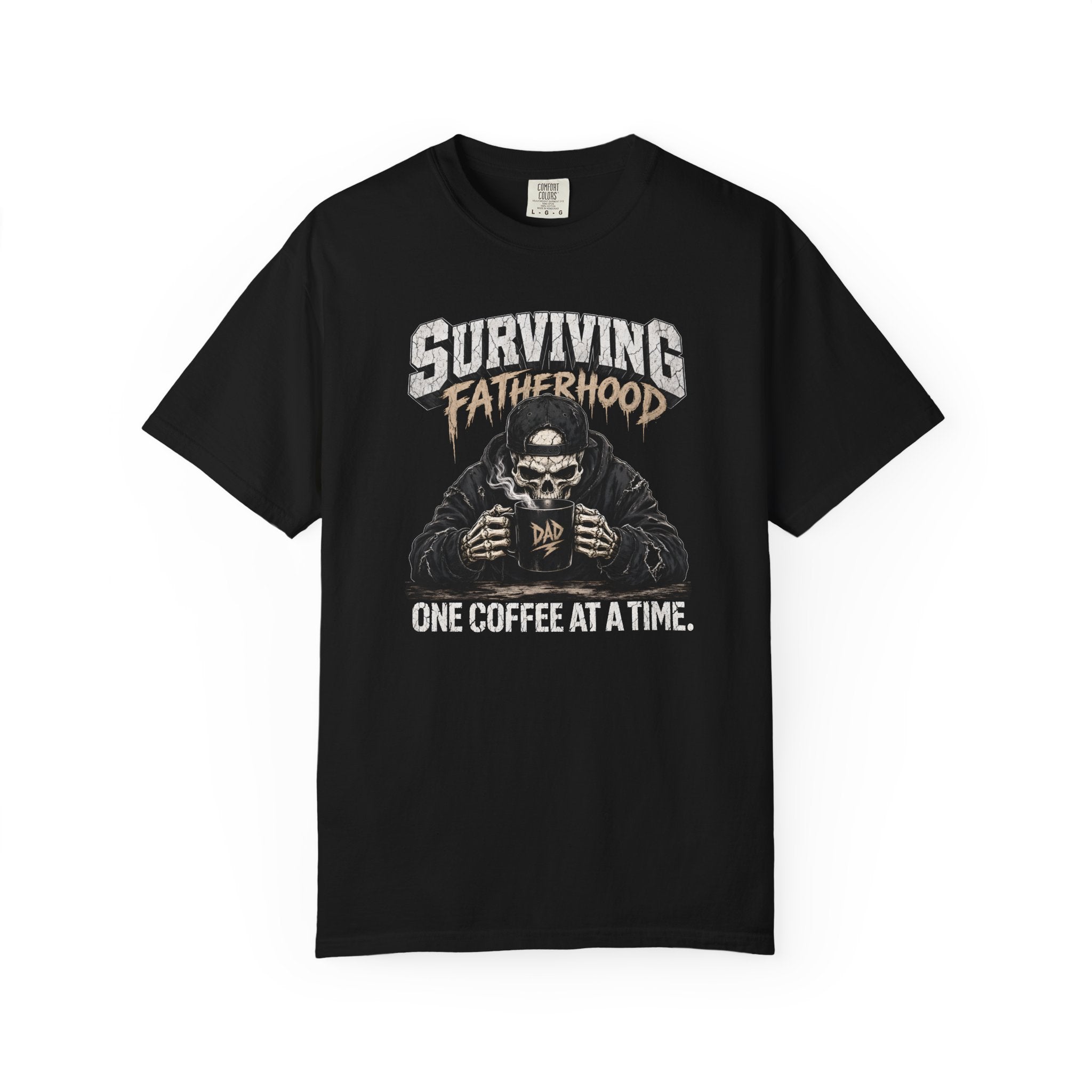 Black unisex t-shirt featuring a skeleton graphic drinking coffee with Surviving Fatherhood text.