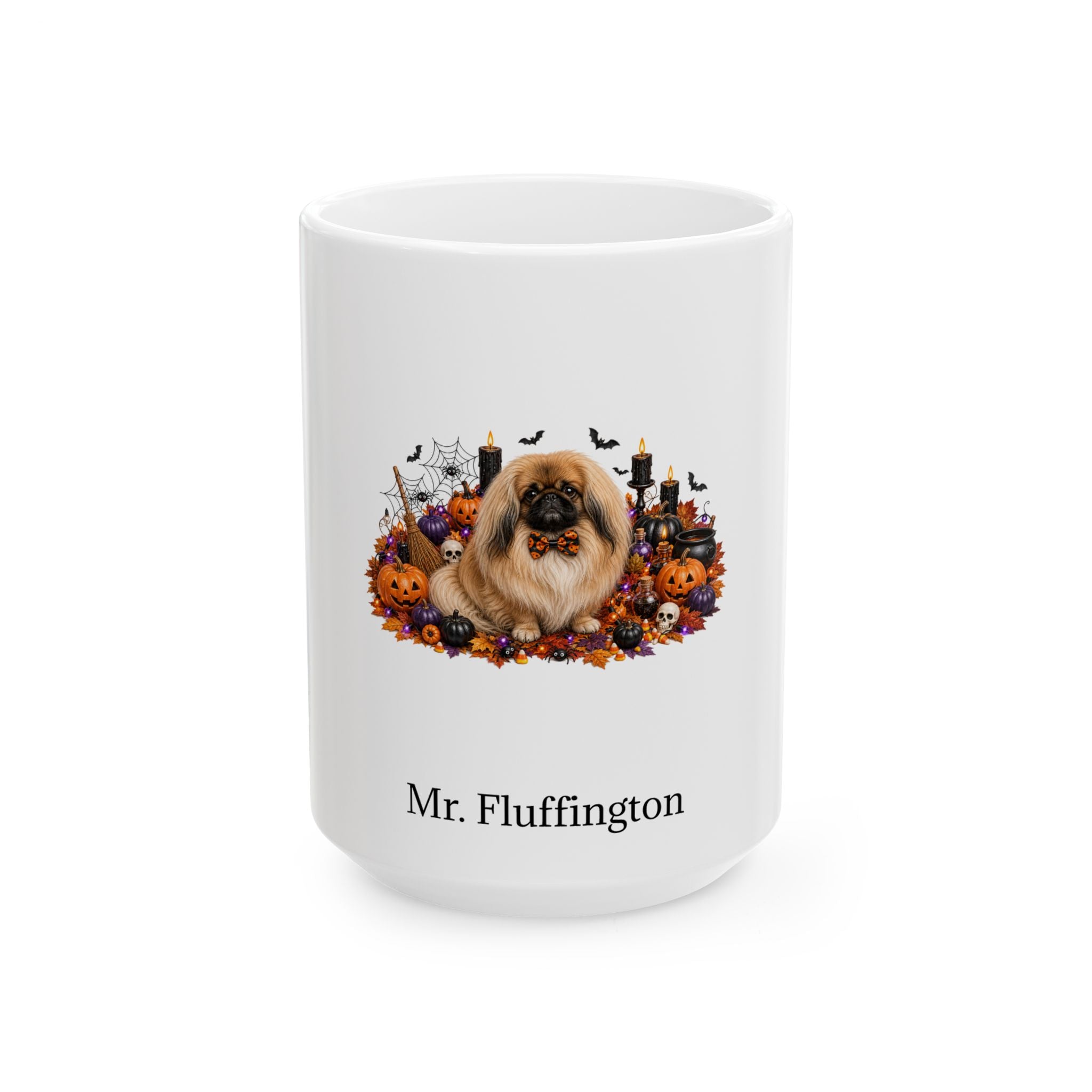 Personalized Pekingese dog Halloween mug, 15oz white ceramic, with custom pet name on front