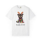 White Comfort Colors unisex t-shirt featuring a Yorkie wearing reindeer antlers and Christmas lights.
