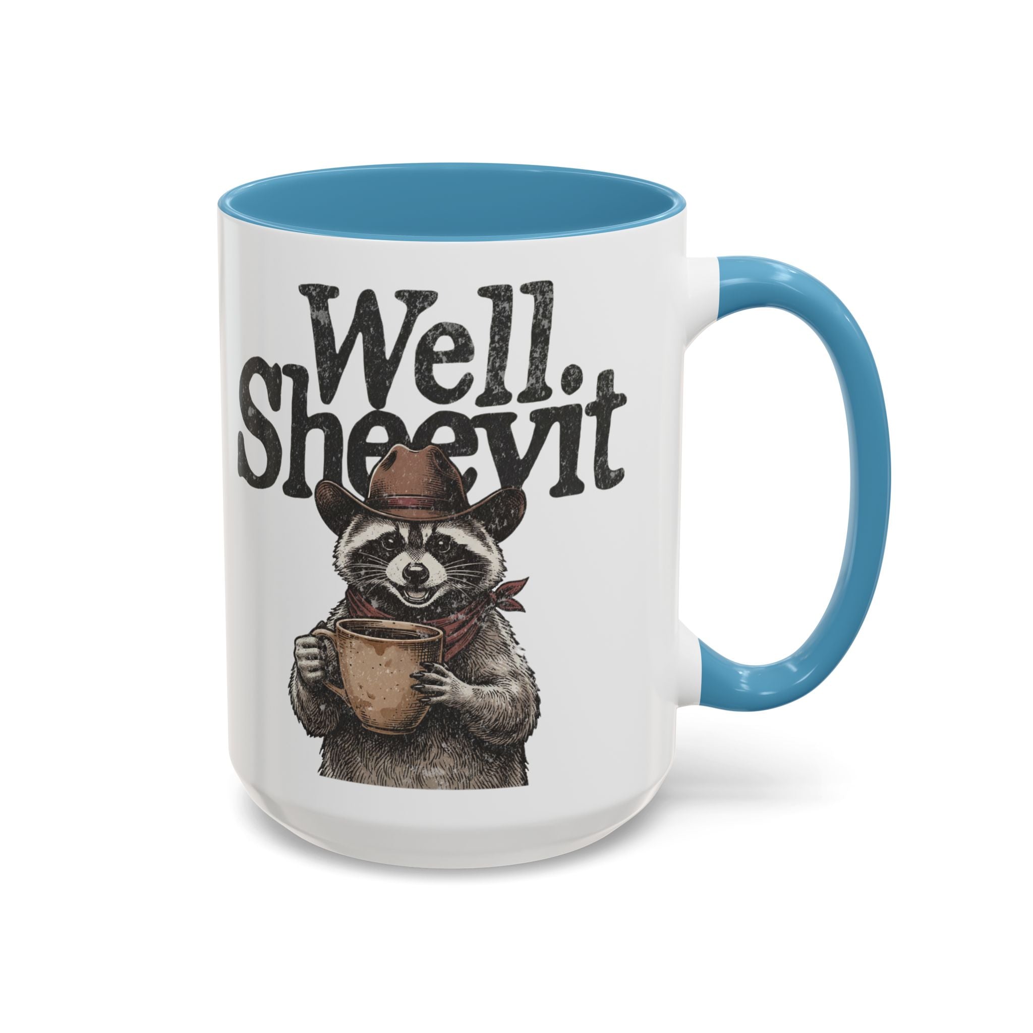White ceramic mug with a blue rim and handle, featuring a raccoon in a cowboy hat holding a mug.