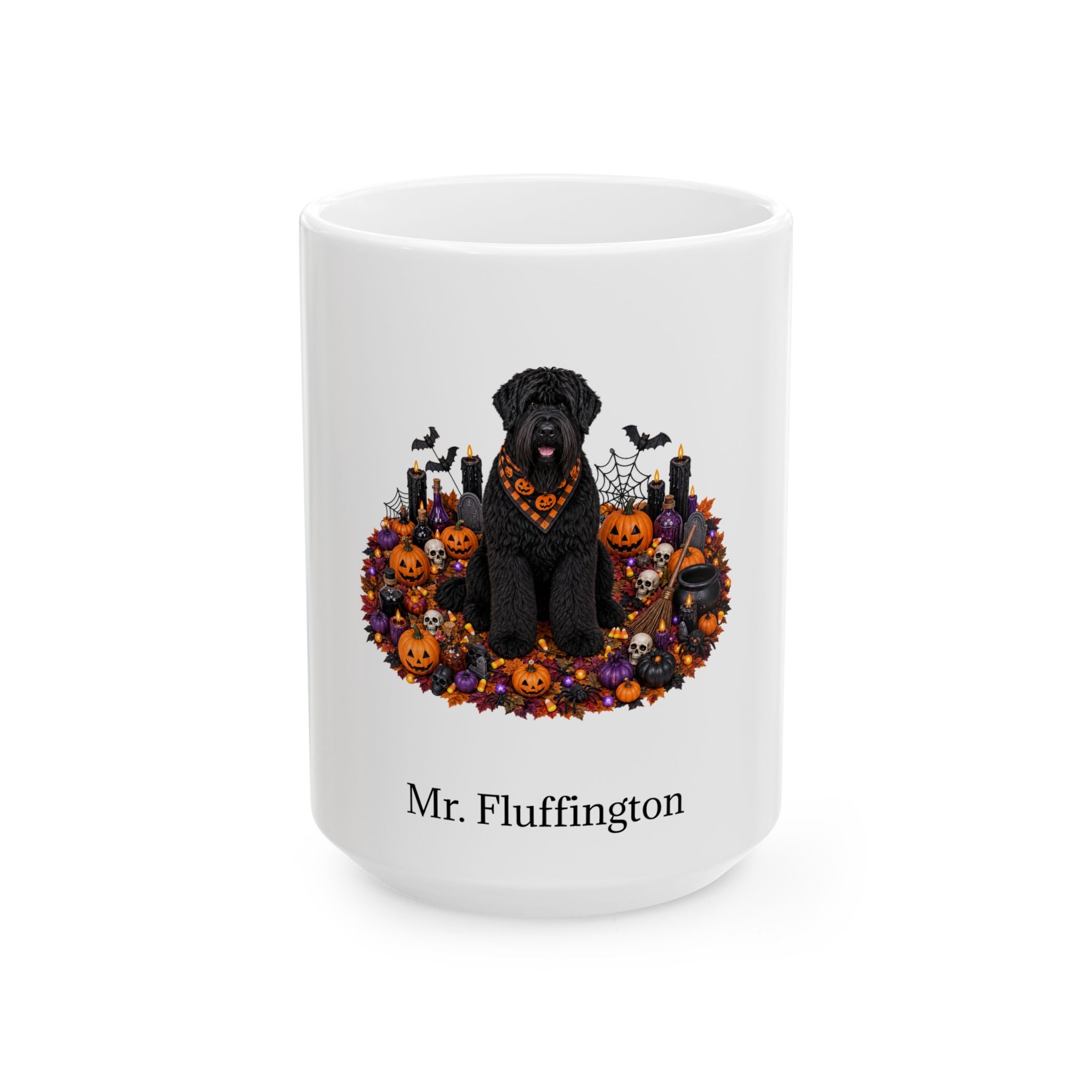 Personalized Black Russian Terrier dog Halloween mug, 11oz white ceramic, with custom pet name on front