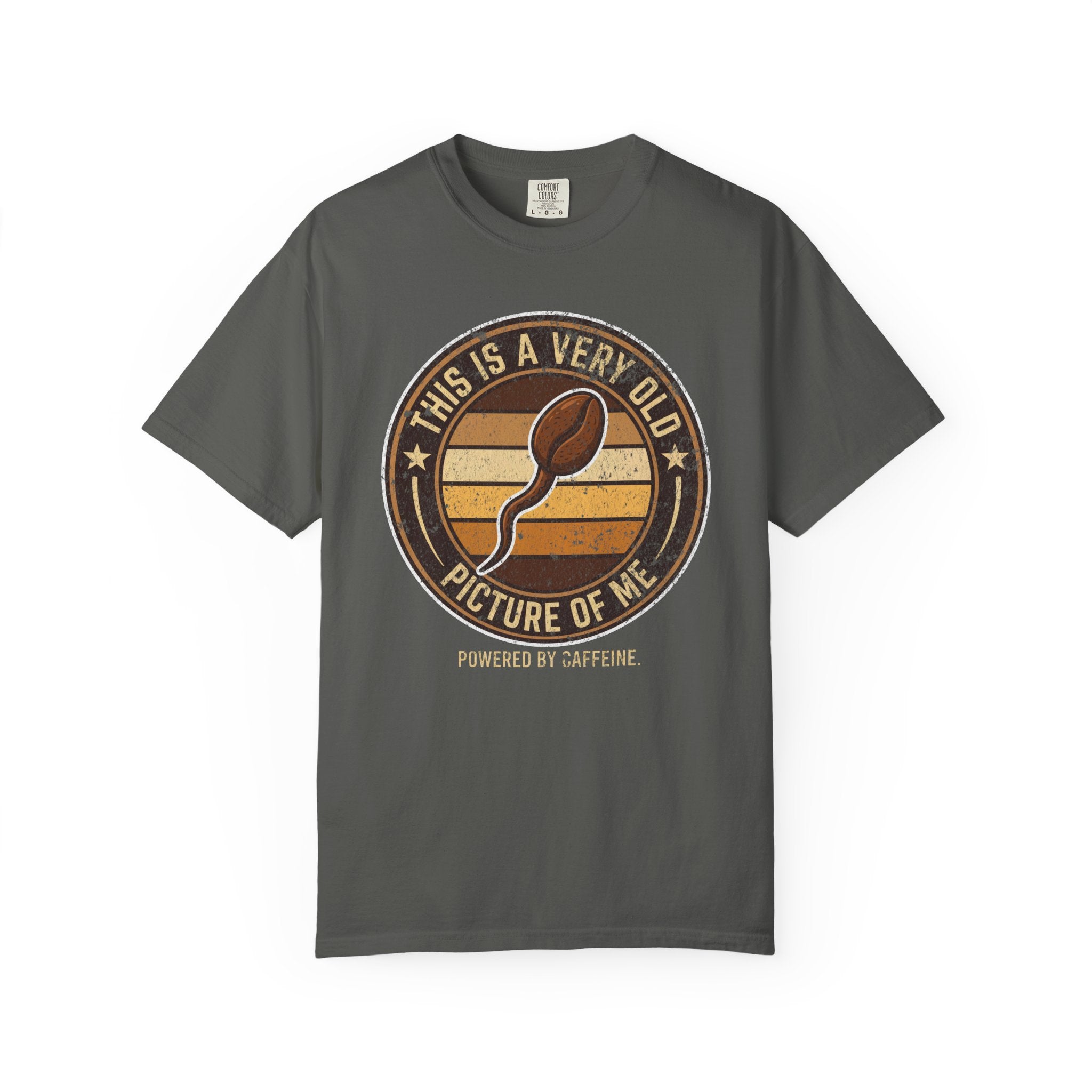 A dark gray t-shirt featuring a vintage-style graphic of a coffee bean shaped like a sperm cell.