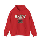 Red hoodie with "Brew Good Vibes" text and a coffee cup graphic.
