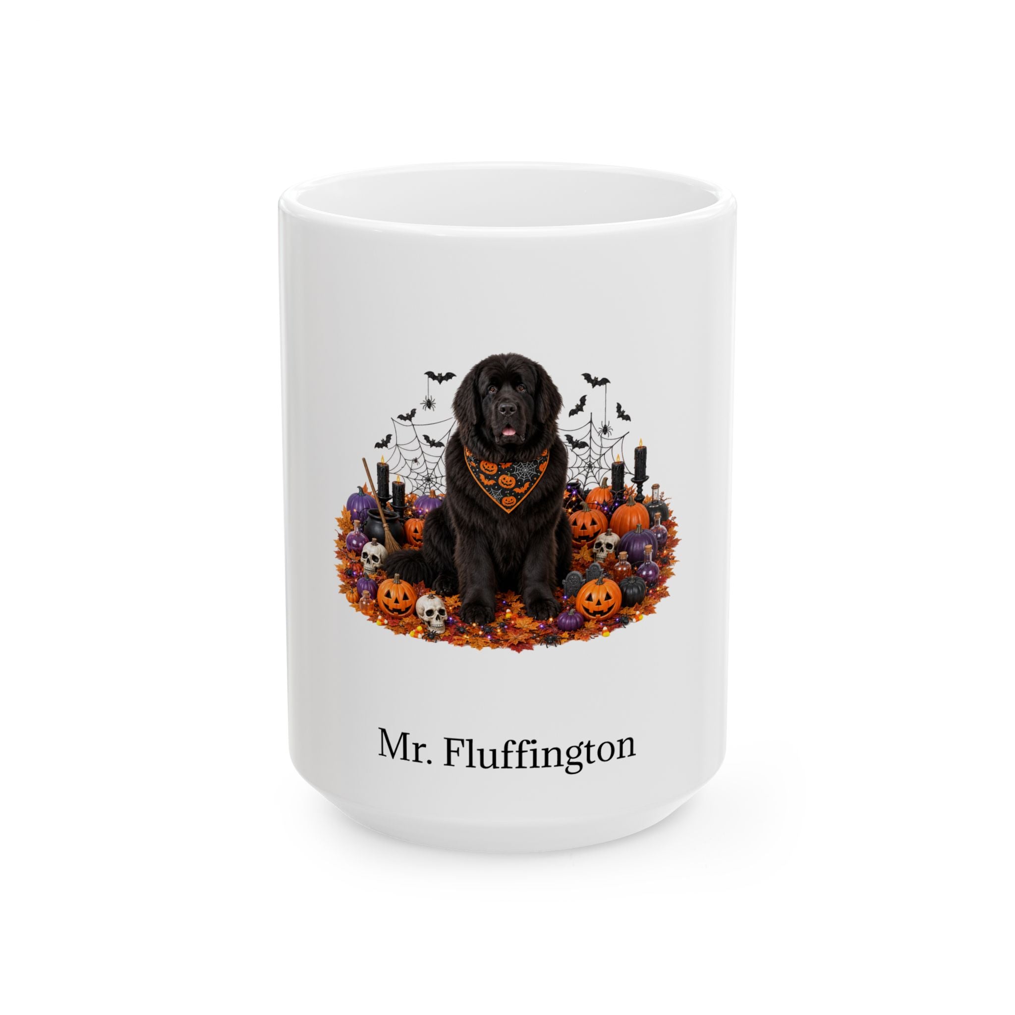 Personalized Newfoundland dog Halloween mug, 15oz white ceramic, with custom pet name on front