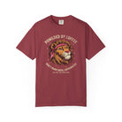 Maroon t-shirt featuring a graphic of a lion wearing a bandana with the text Powered by Coffee.