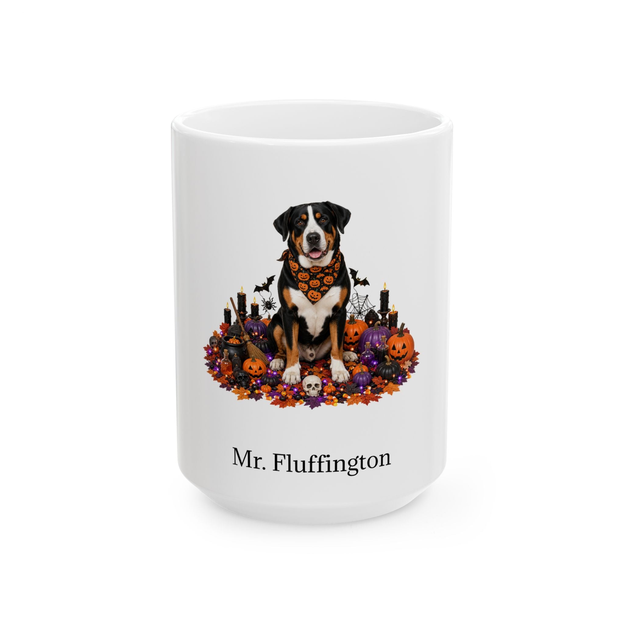 Personalized Greater Swiss Mountain dog Halloween mug, 11oz white ceramic, with custom pet name on front
