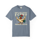 A blue crewneck t-shirt featuring a graphic of a cool rooster wearing sunglasses and a cap.
