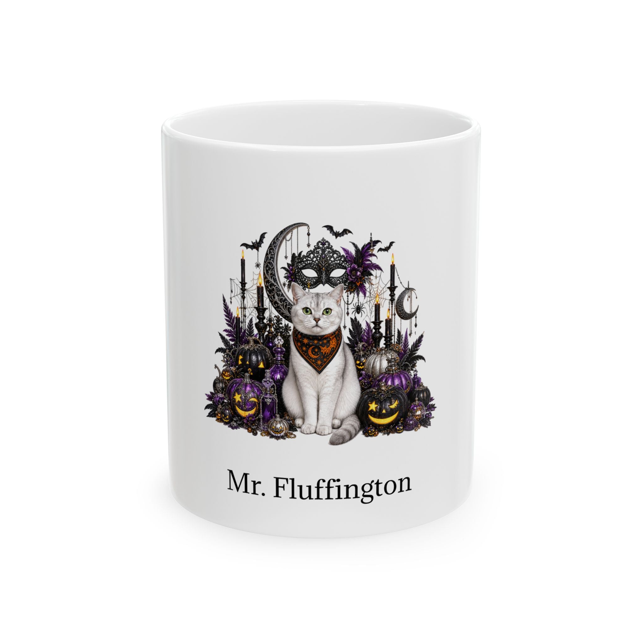 Personalized Burmilla cat Halloween mug, 11oz white ceramic, with custom pet name on front