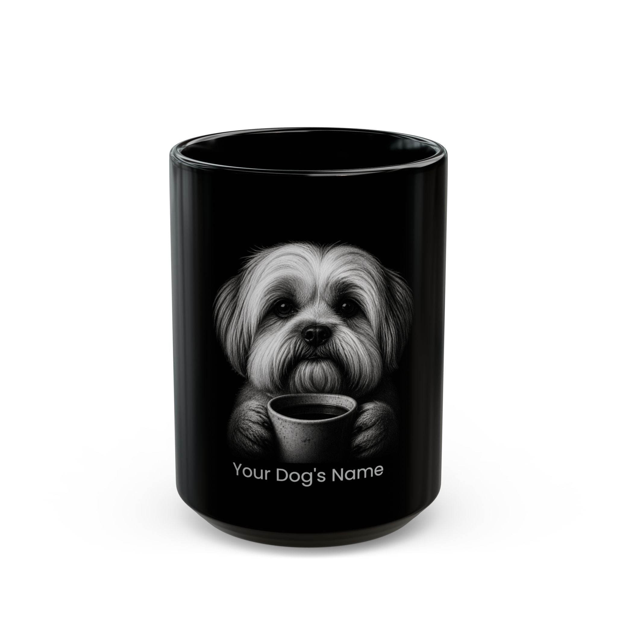 Personalized Lhasa Apso black ceramic coffee mug with custom dog name