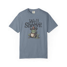 Blue-grey unisex t-shirt featuring a graphic of a cowboy frog holding a coffee mug.