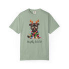 Sage green Comfort Colors t-shirt featuring a Yorkie with reindeer antlers and Christmas lights.