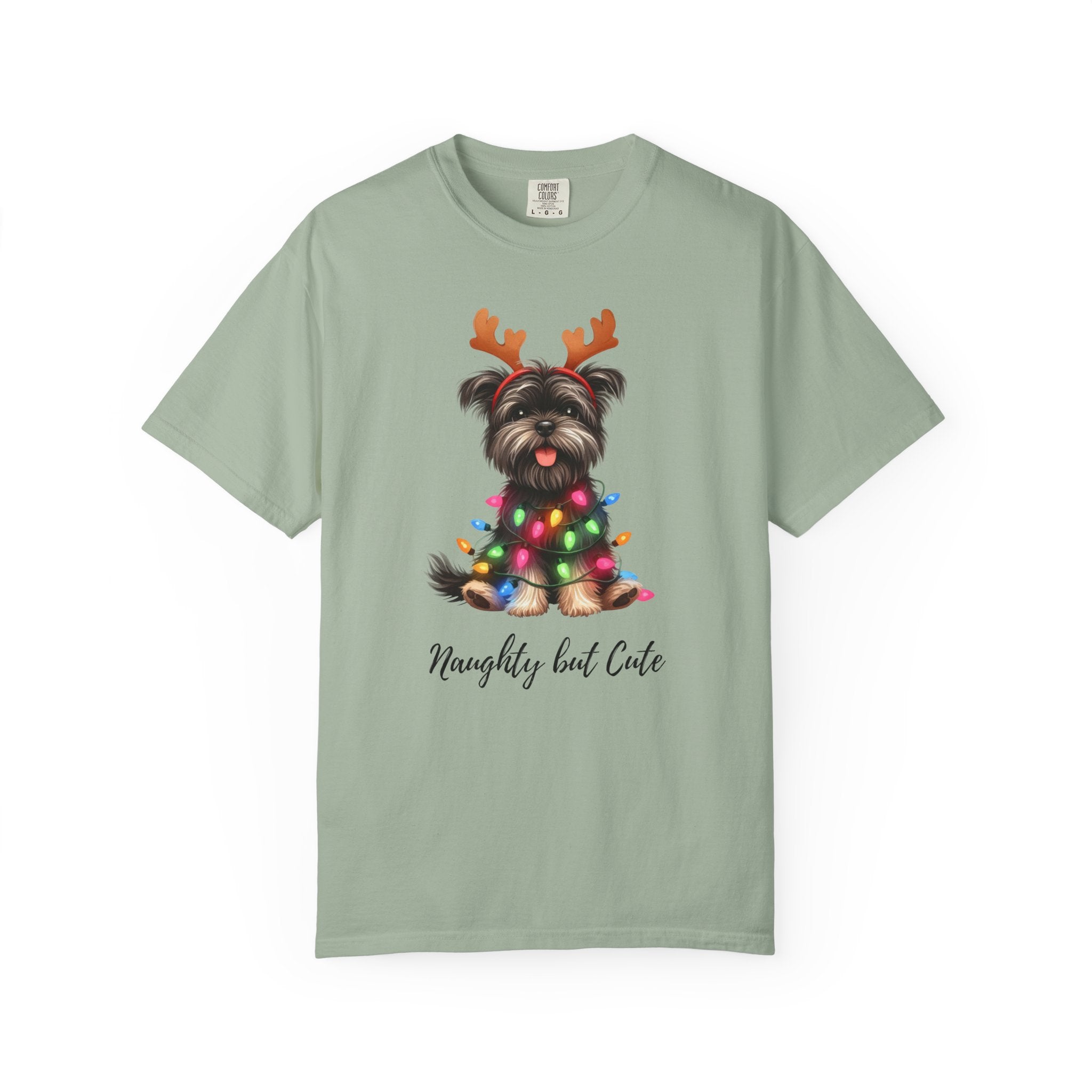 Sage green Comfort Colors t-shirt featuring a Yorkie with reindeer antlers and Christmas lights.