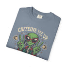 Blue Comfort Colors t-shirt featuring a distressed graphic of an alien making peace signs.