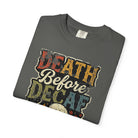Dark grey unisex cotton t-shirt with a distressed Death Before Decaf graphic print.
