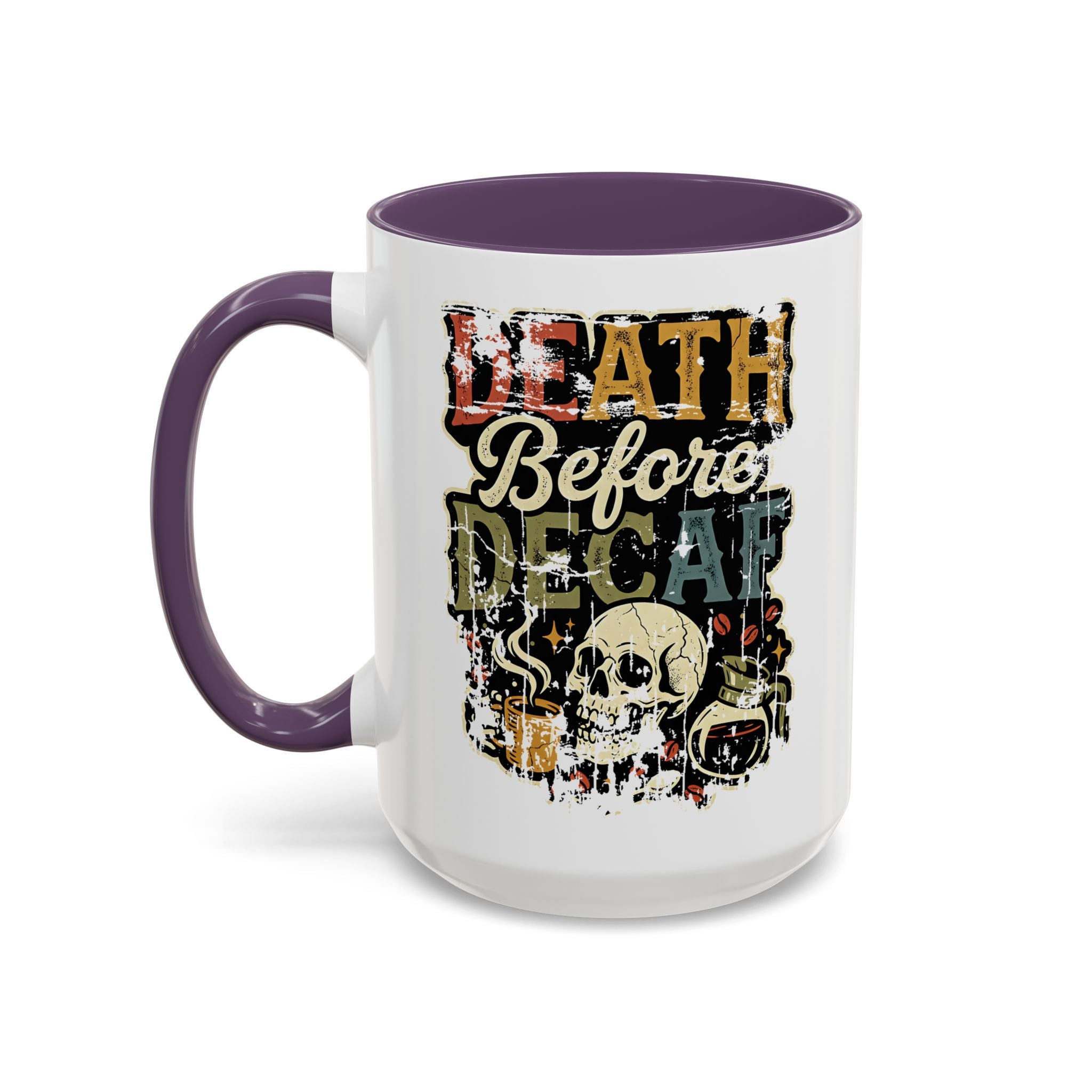White ceramic mug with a purple handle and a retro skull graphic reading Death Before Decaf.