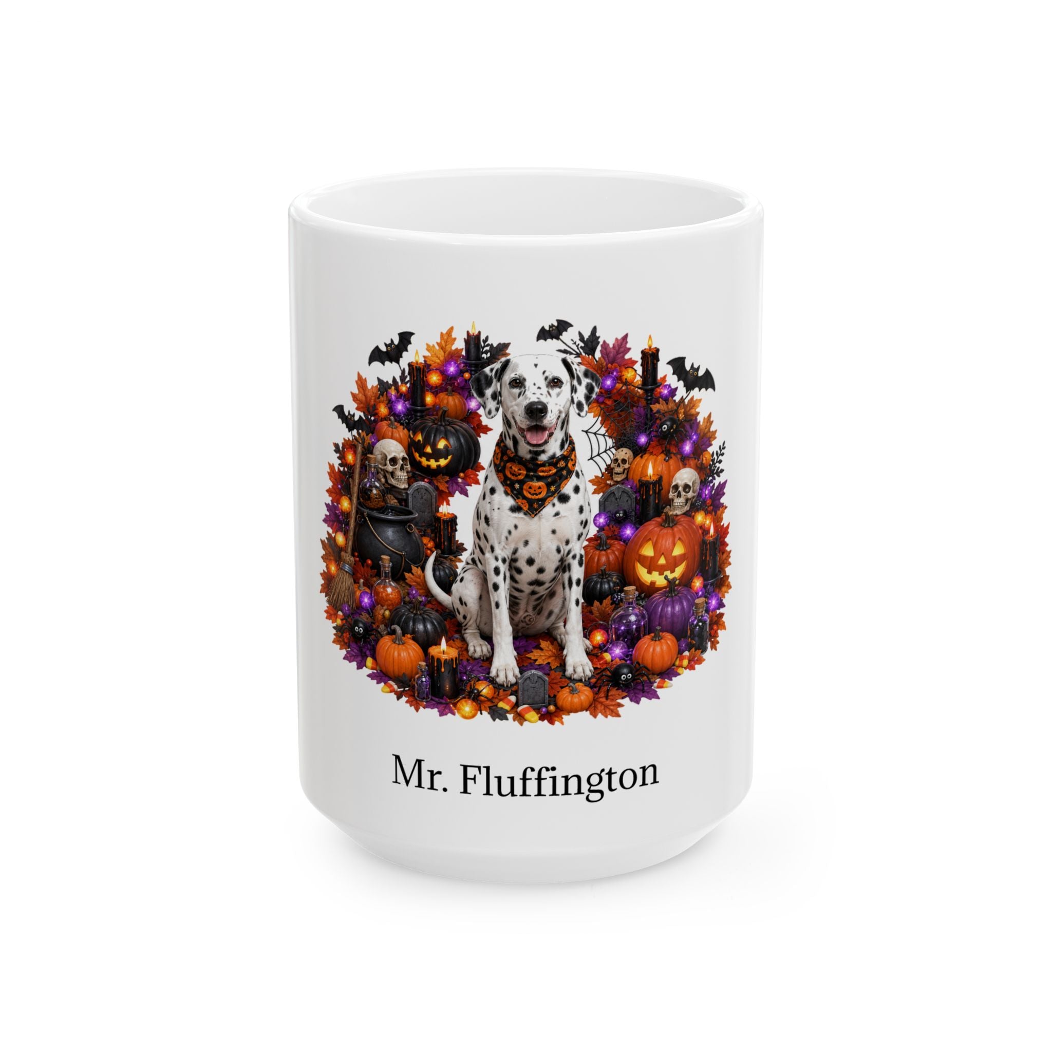 Angled Dalmatian dog Halloween mug with personalized pet name and fall design — image 3