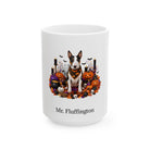 Personalized Miniature Bull Terrier dog Halloween mug, 11oz white ceramic, with custom pet name on front
