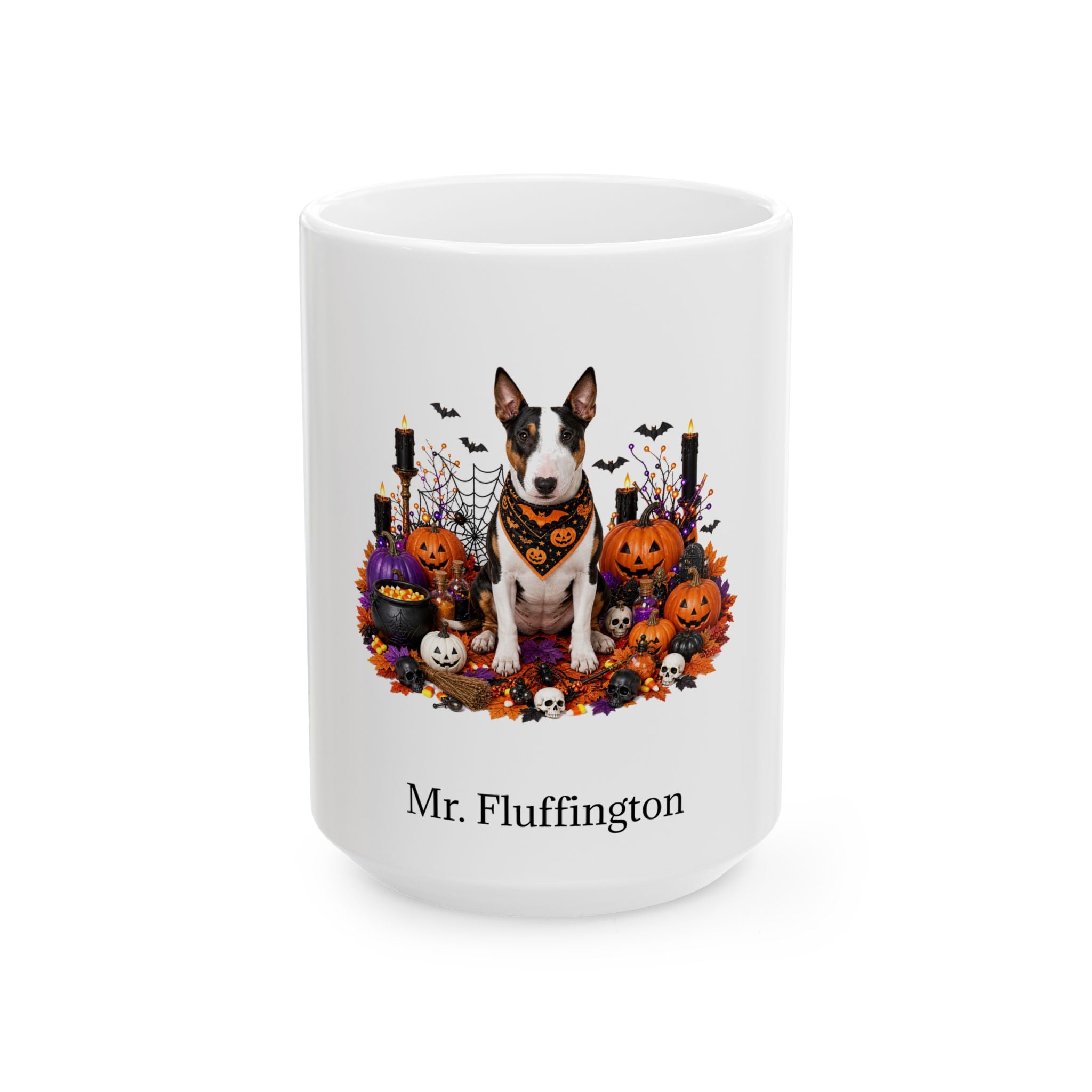 Personalized Miniature Bull Terrier dog Halloween mug, 11oz white ceramic, with custom pet name on front