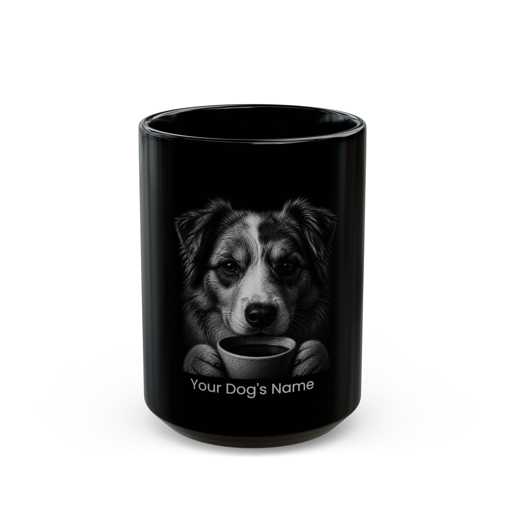 Personalized Miniature American Shepherd black ceramic coffee mug with custom dog name