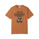 Rust-colored t-shirt with a graphic of a raccoon wearing a cowboy hat and holding a coffee mug.