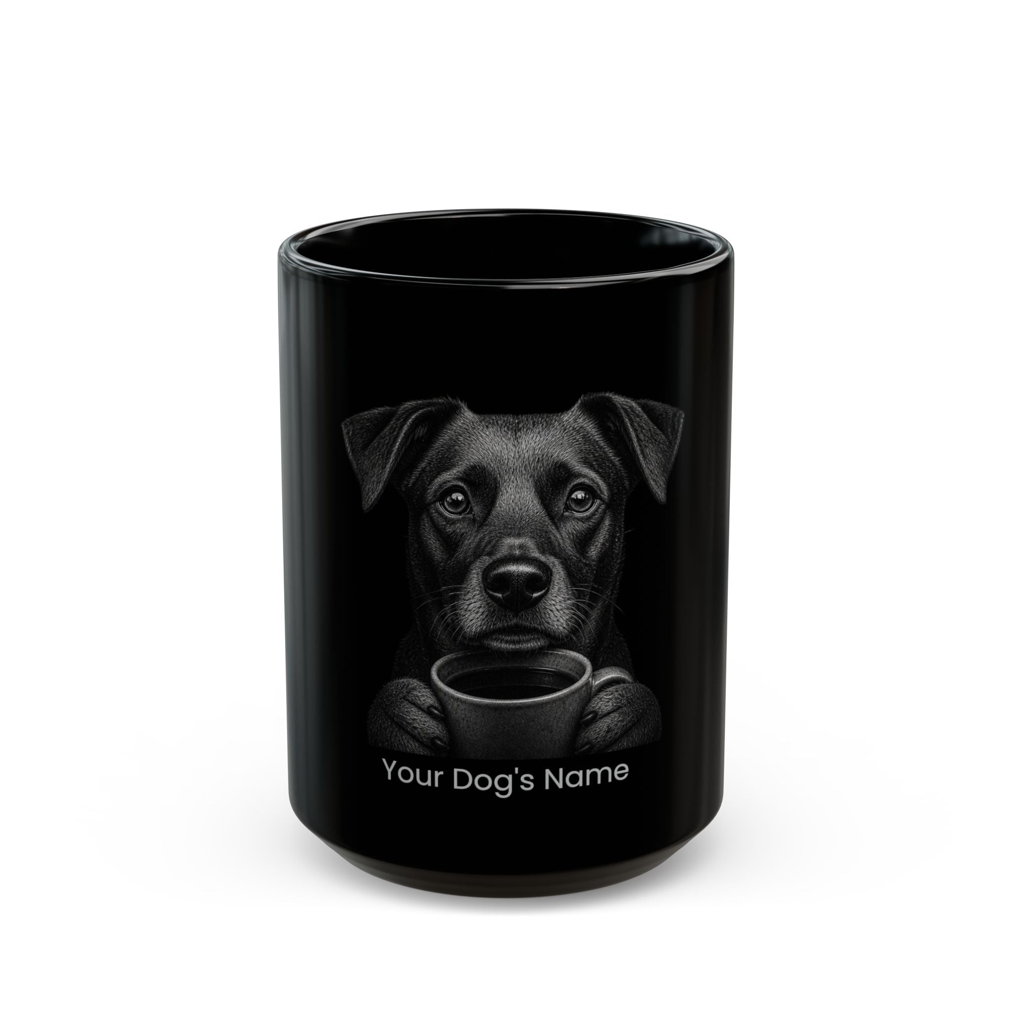 Personalized Kintamani black ceramic coffee mug with custom dog name