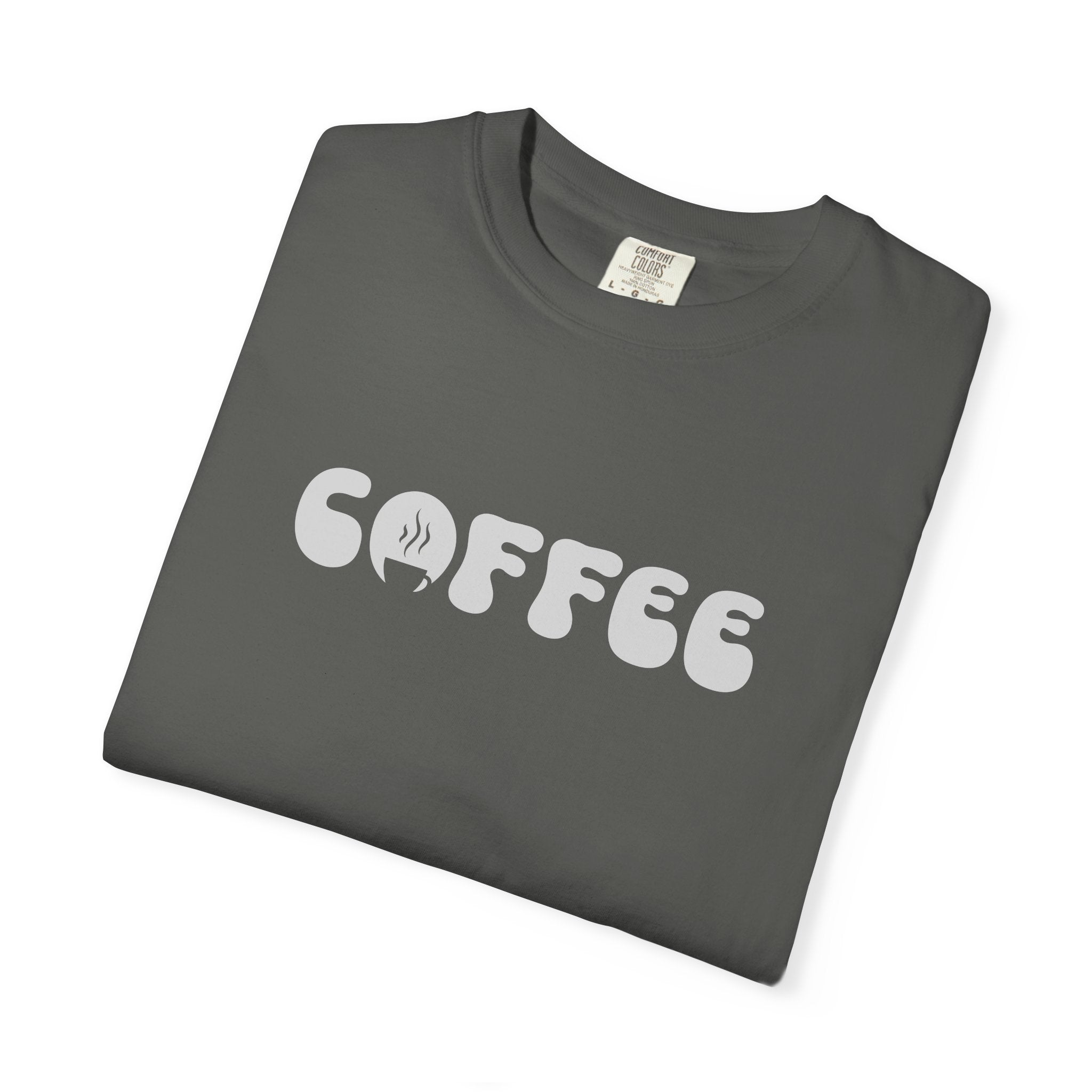 A charcoal grey short-sleeve t-shirt featuring the word COFFEE in a white retro bubble font.