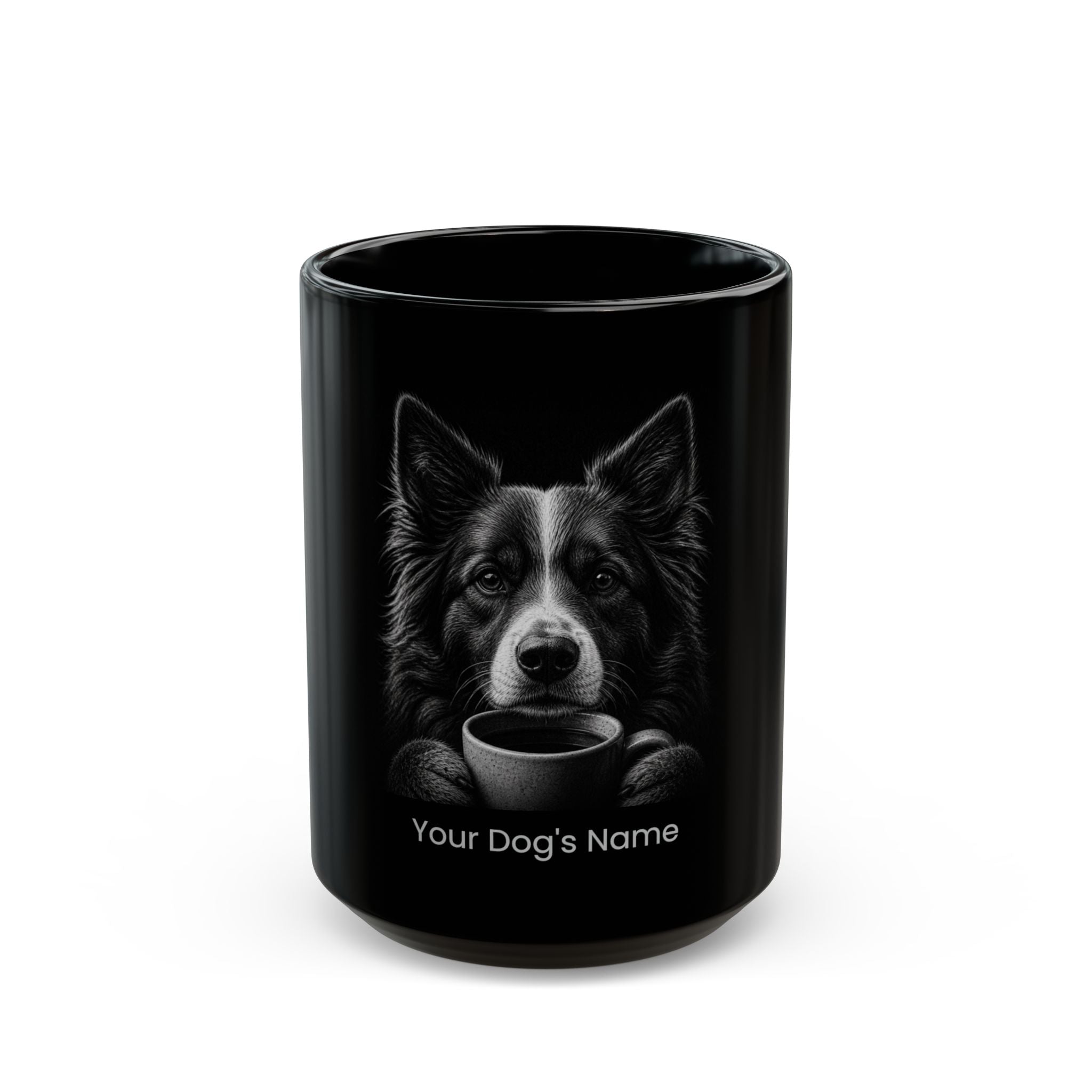 Personalized Croatian Sheepdog black ceramic coffee mug with custom dog name