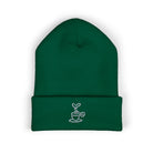 Embroidered coffee cup cuffed beanie in dark green.