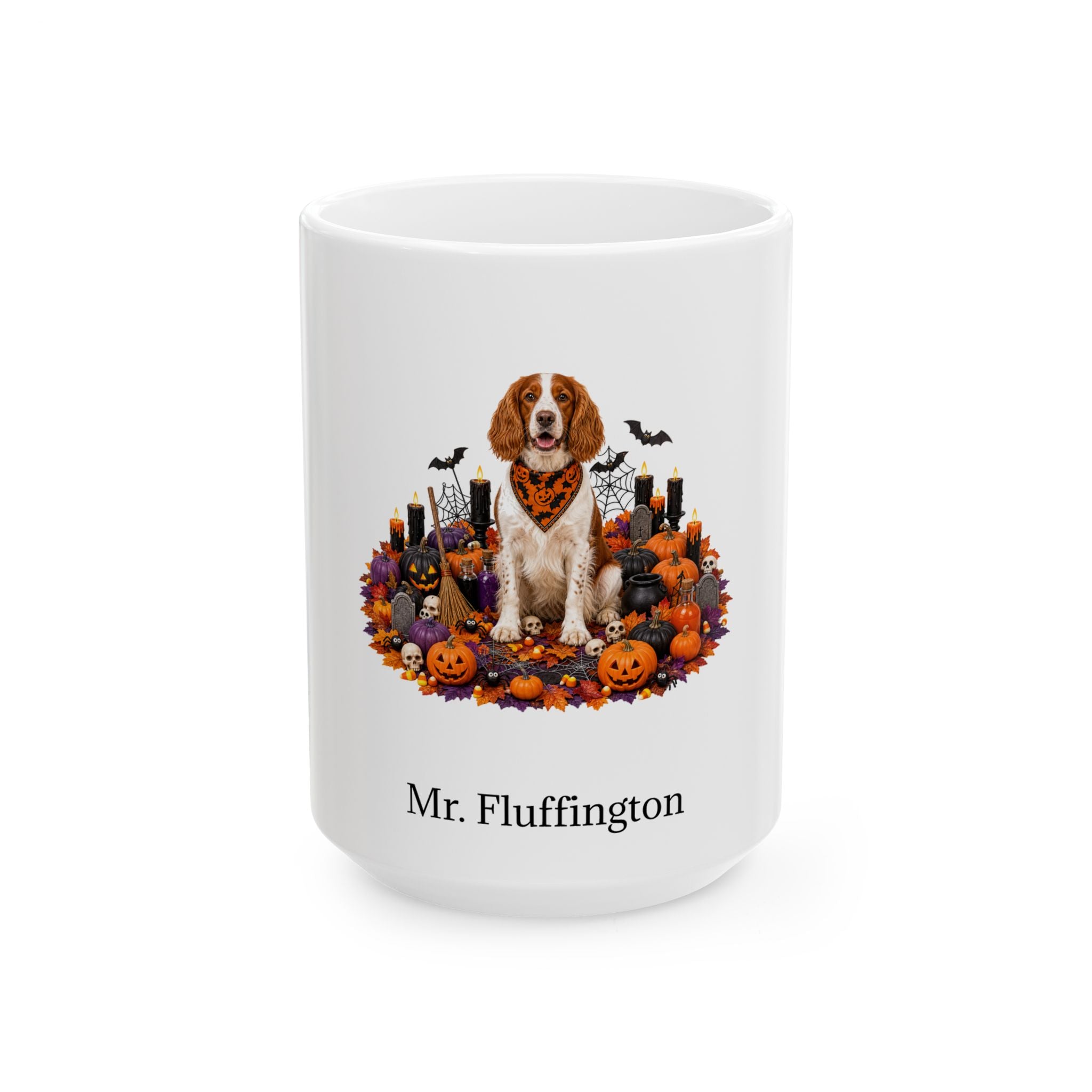 Personalized Welsh Springer Spaniel dog Halloween mug, 11oz white ceramic, with custom pet name on front