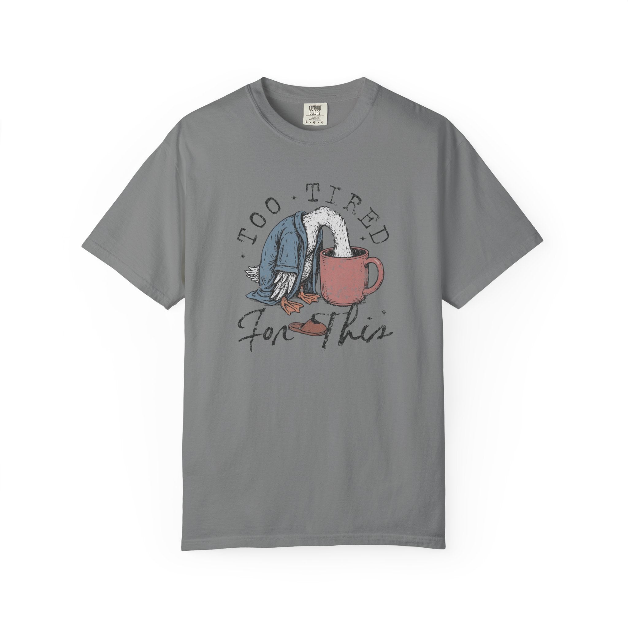 Grey unisex t-shirt featuring a graphic of a duck with its head in a coffee mug.