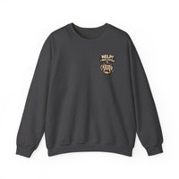 A dark maroon crewneck sweatshirt featuring a small graphic of a stressed coffee cup on the chest.