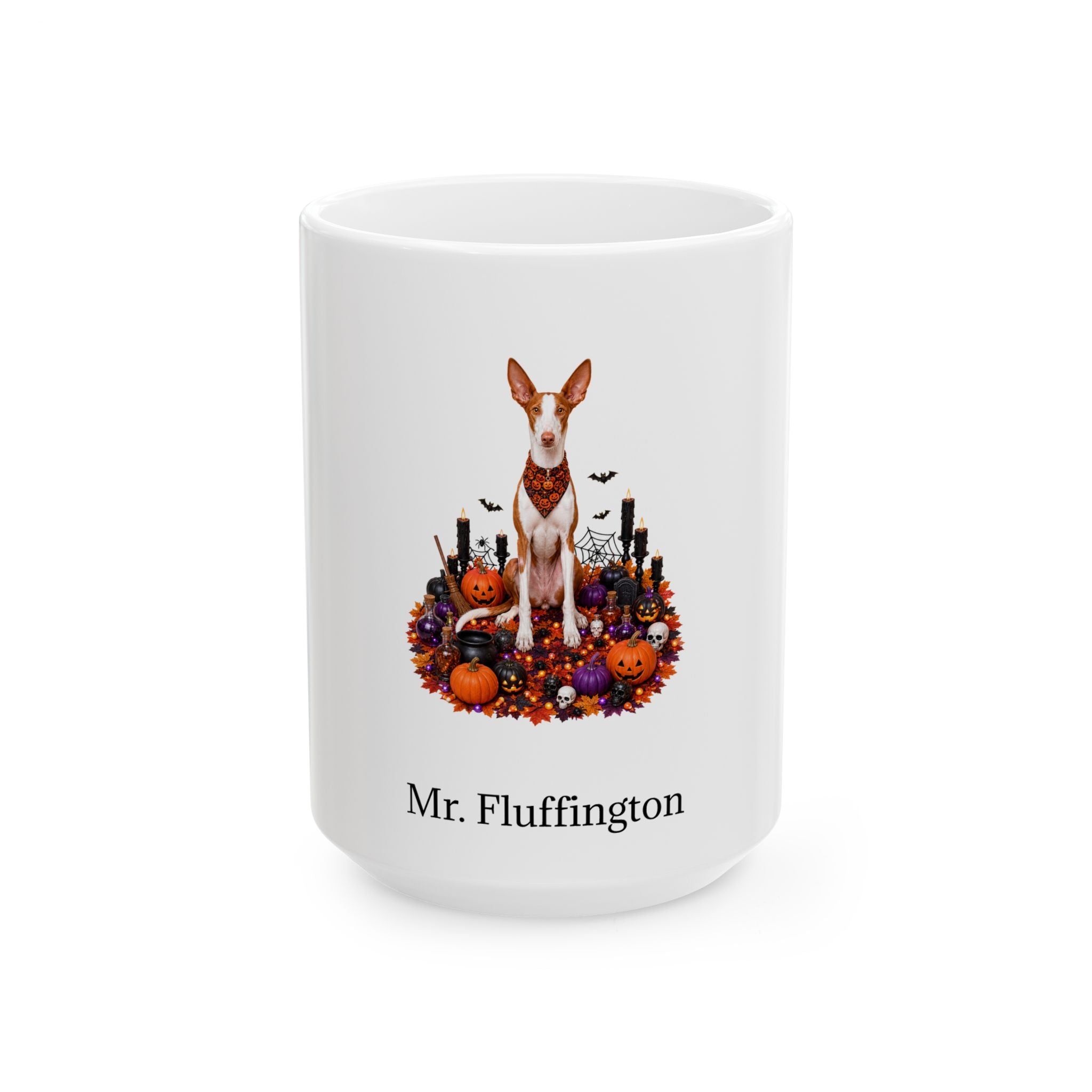 Personalized Ibizan Hound dog Halloween mug, 15oz white ceramic, with custom pet name on front